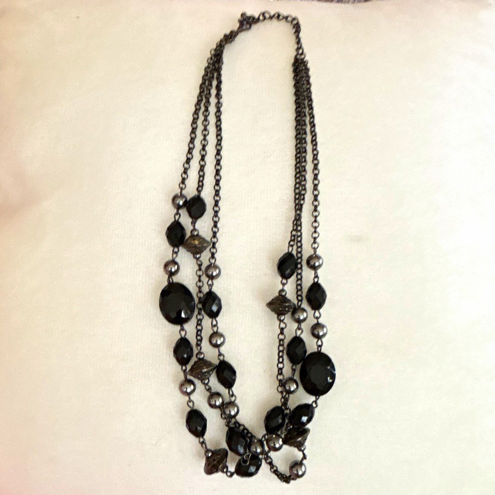 Black Multi Strand Beaded Necklace Gunmetal Layered Statement Gothic Jewelry